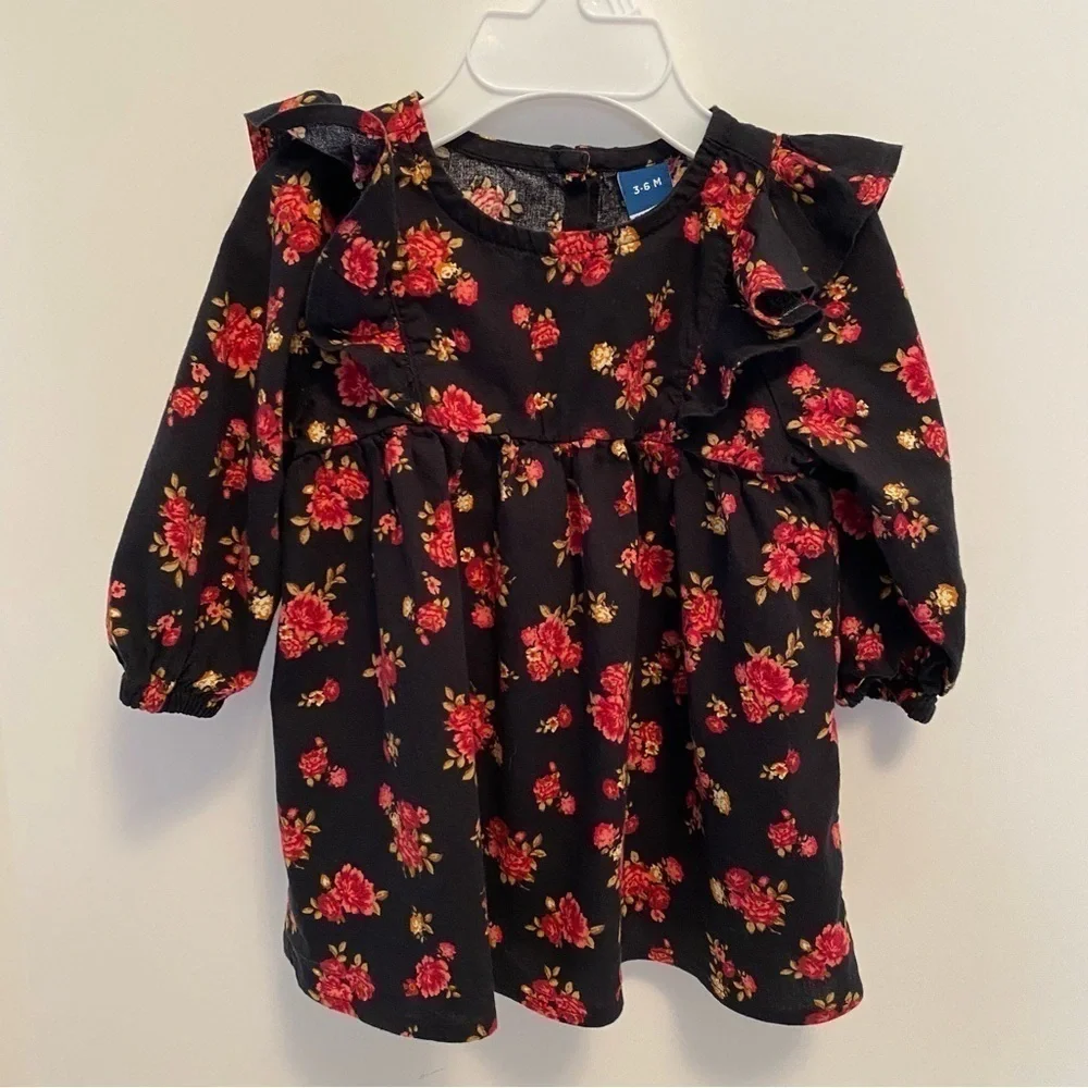 OLD Navy Baby Infant Girls Black & Floral Long Sleeve Dress Size 3-6 Months